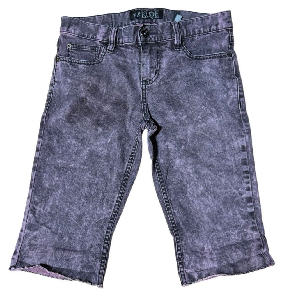 RUDE Hot Topic Red Purple Black Frayed Cuffed Skinny Jean Shorts Men’s 28
